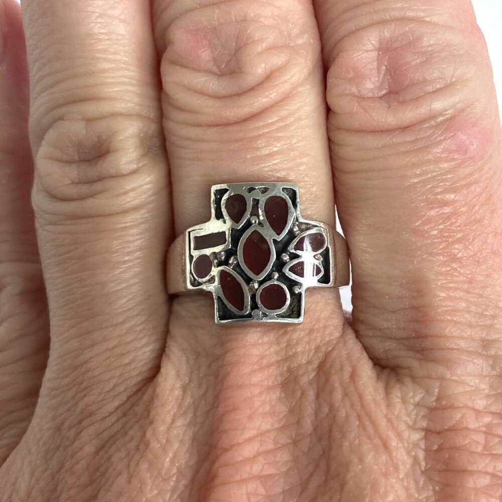 Sterling Silver 925 Deep Red Enamel Inlay Equal Arms Cross Ring Sz 7.5